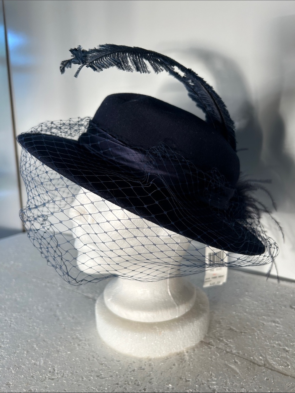 Michael Howard NWT Navy 100% Wool Veiled Feather Hat 50's Vintage Derby